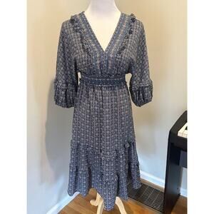 Boho Cottagecore Max Studio Blue Floral Midi Dress Sz M